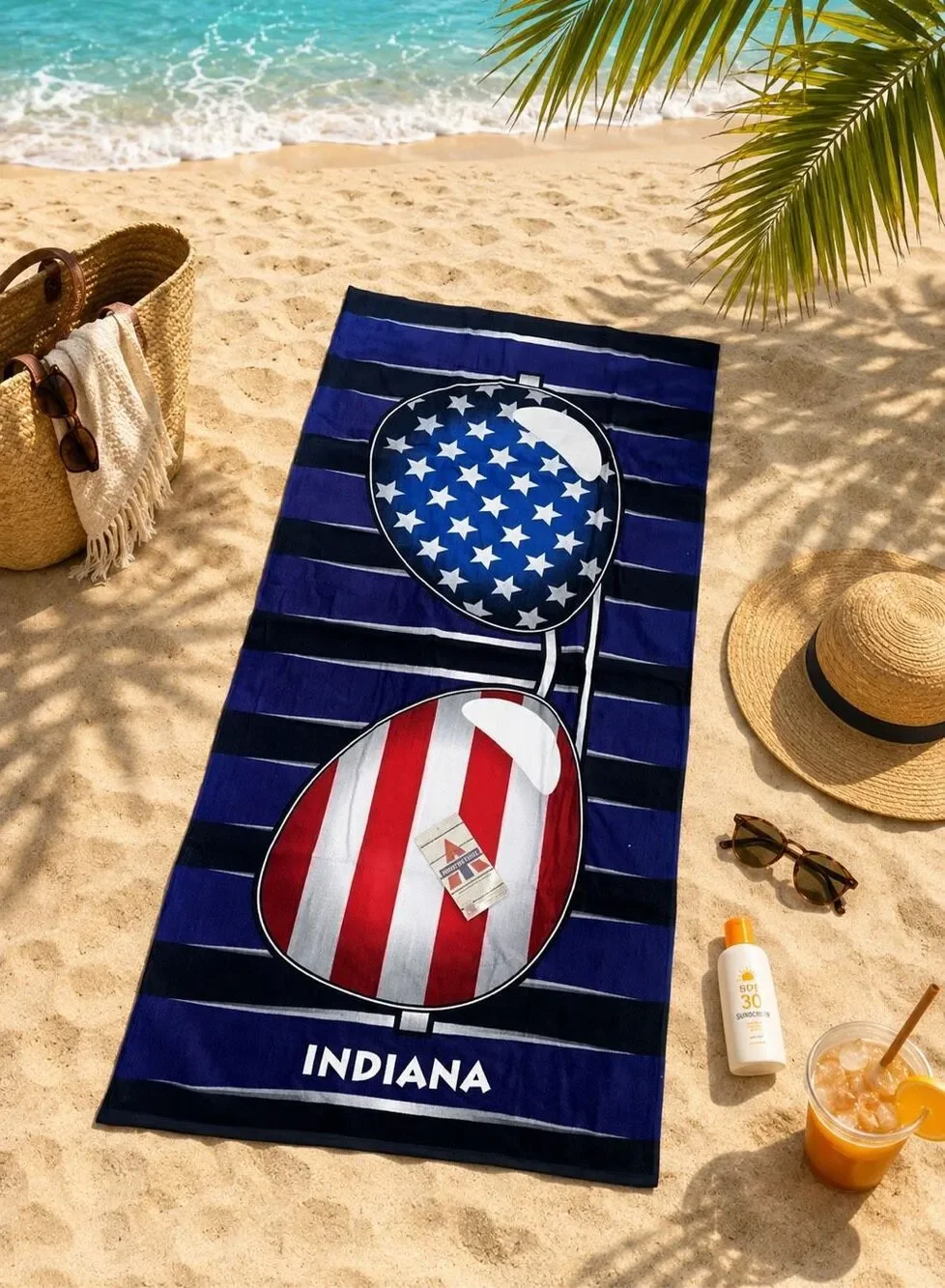 America 250 Beach Towel Indiana USA Flag Sunglasses Patriotic Pool Towel 59”x29”